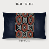 Vintage Japanese Tsumugi Silk Geometric Red and Black Lumbar Throw Pillow - Choice of Leather Colors