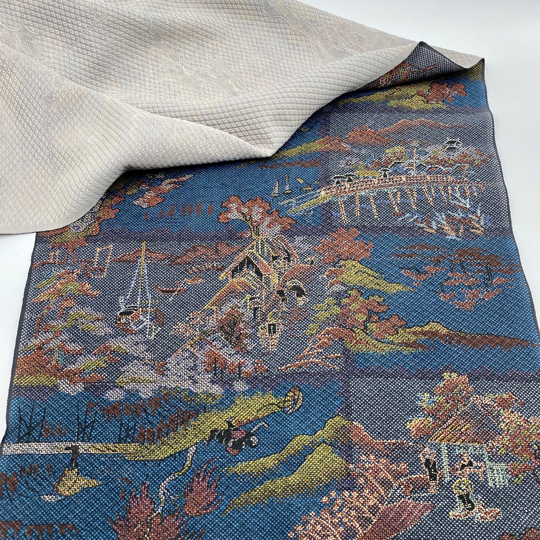 Dark blue vintage Japanese kimono silk fabric with scenery of people on a journey