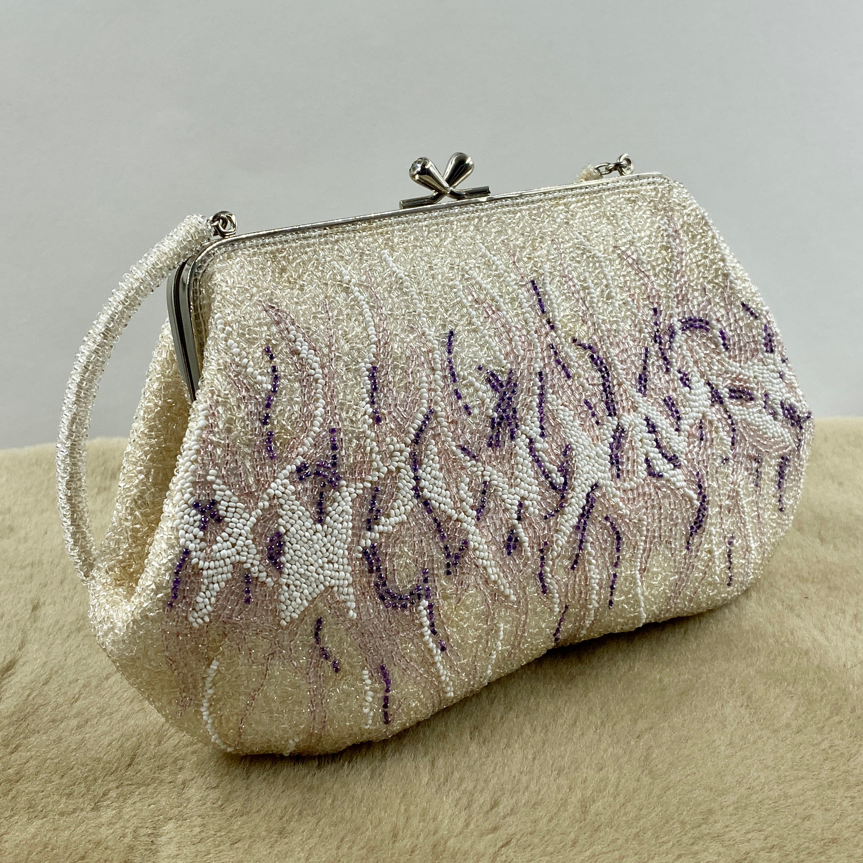 Beaded Purse from Japan with White & Purple Abstract Motif (Vintage 1950's-1960's) Fits Most Cell Phones