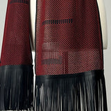 Black & Red Semi Sheer Silk Scarf - Black Leather Fringe