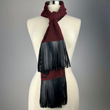 Black & Red Semi Sheer Silk Scarf - Black Leather Fringe