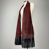 Black & Red Semi Sheer Silk Scarf - Black Leather Fringe