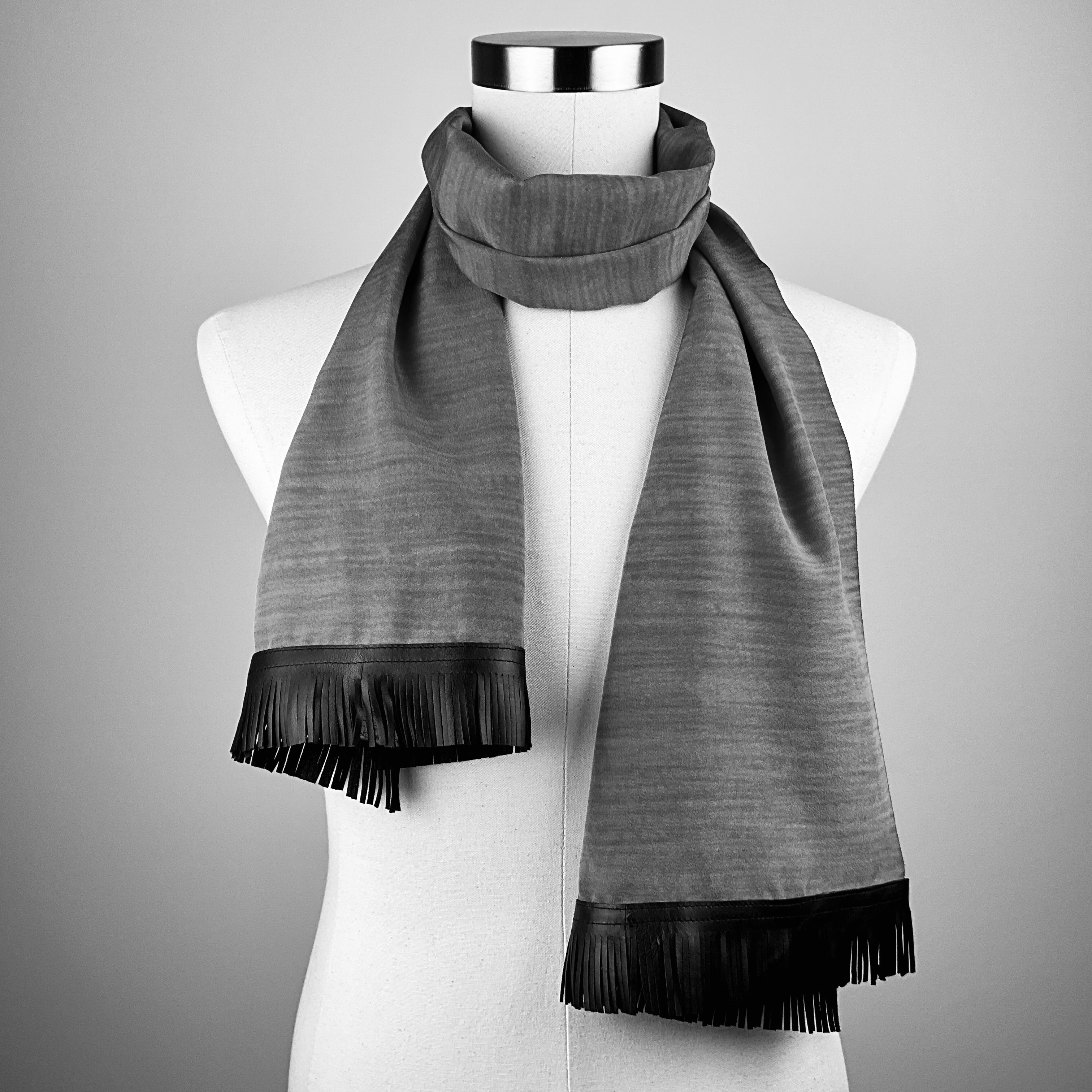Custom Solid Black Semi Sheer Silk Scarf - Choice of Length and Leather Fringe