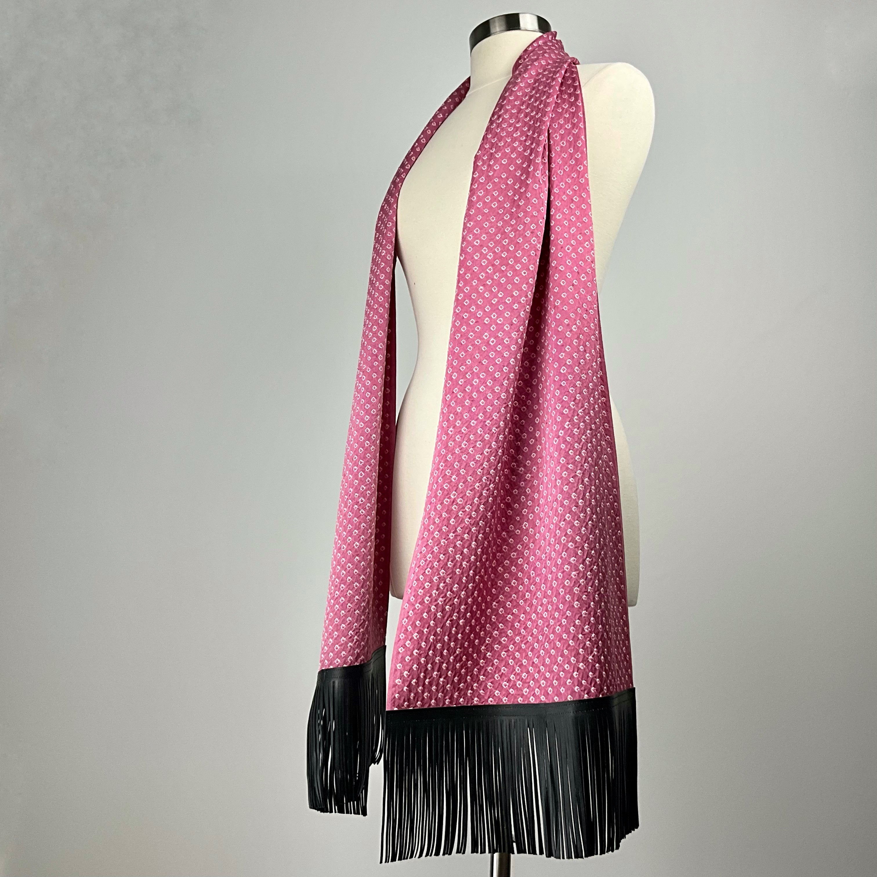 Pink Shibori Silk Scarf - Choice of Leather Fringe Colors