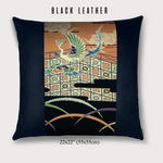 22x22" Pillow with Vintage Japanese Silk and Black Leather 
