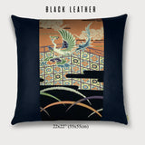 22x22" Pillow with Vintage Japanese Silk and Black Leather 