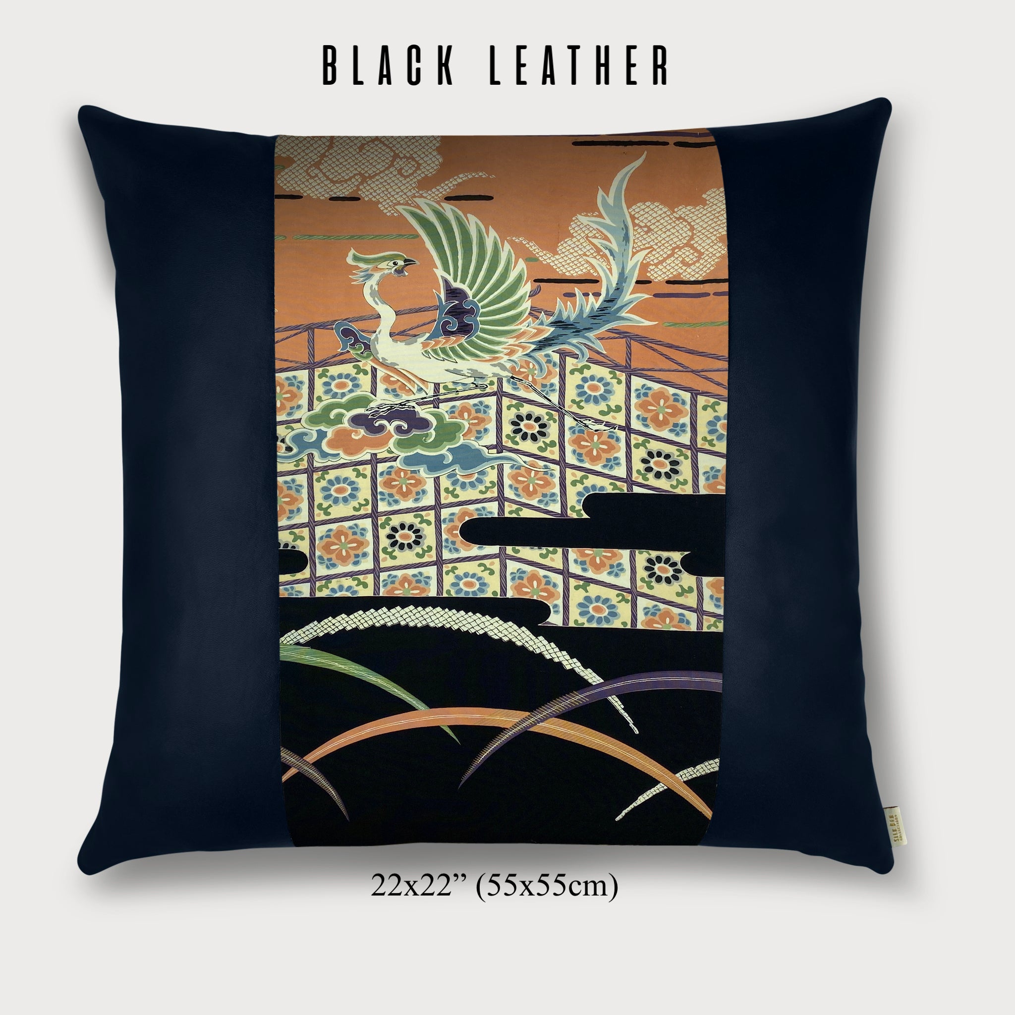 22x22" Pillow with Vintage Japanese Silk and Black Leather 