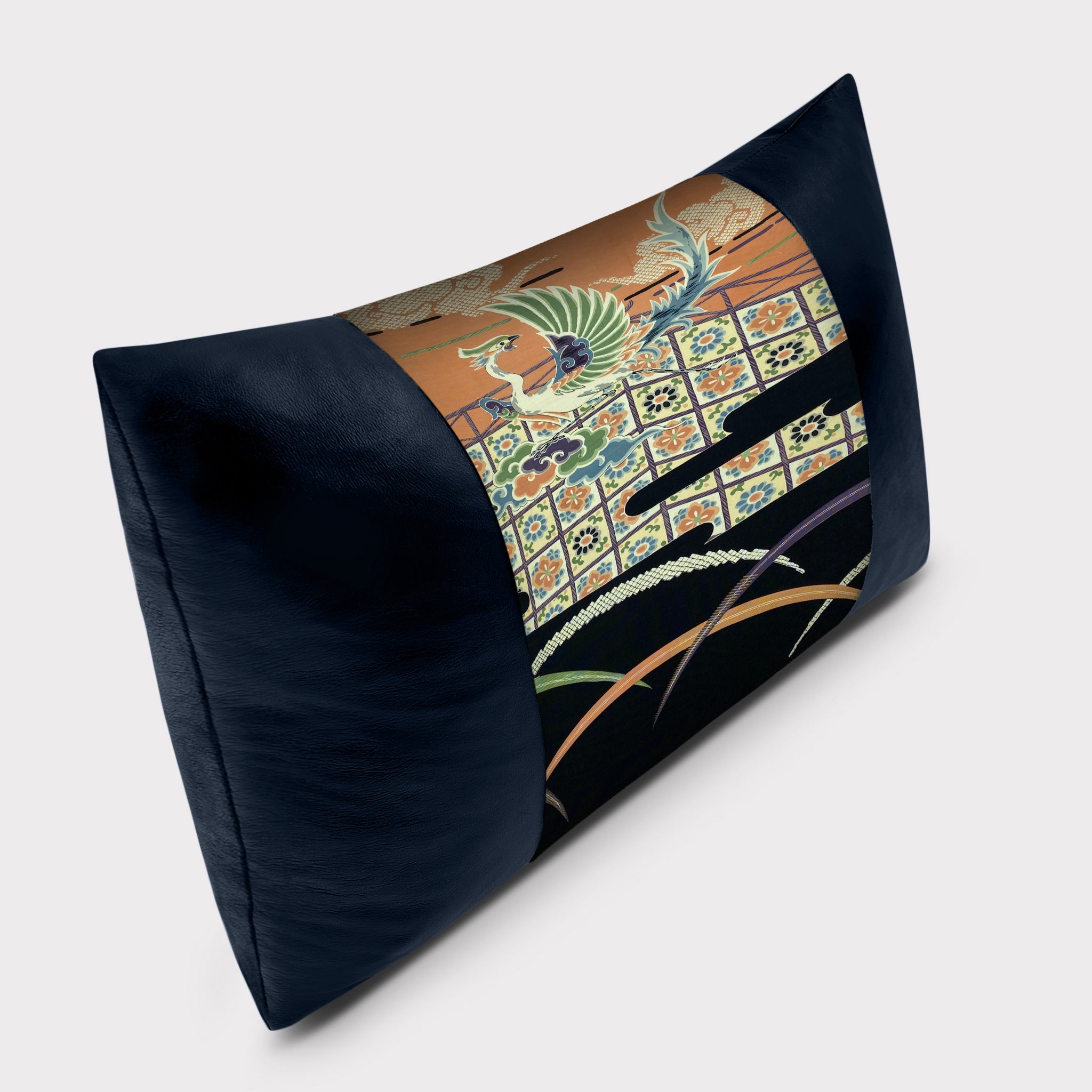 14x20" Pillow with Vintage Japanese Silk and Black Leather 