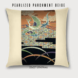 22x22" Pillow with Vintage Japanese Silk and Pearlized Parchment Beige Leather 