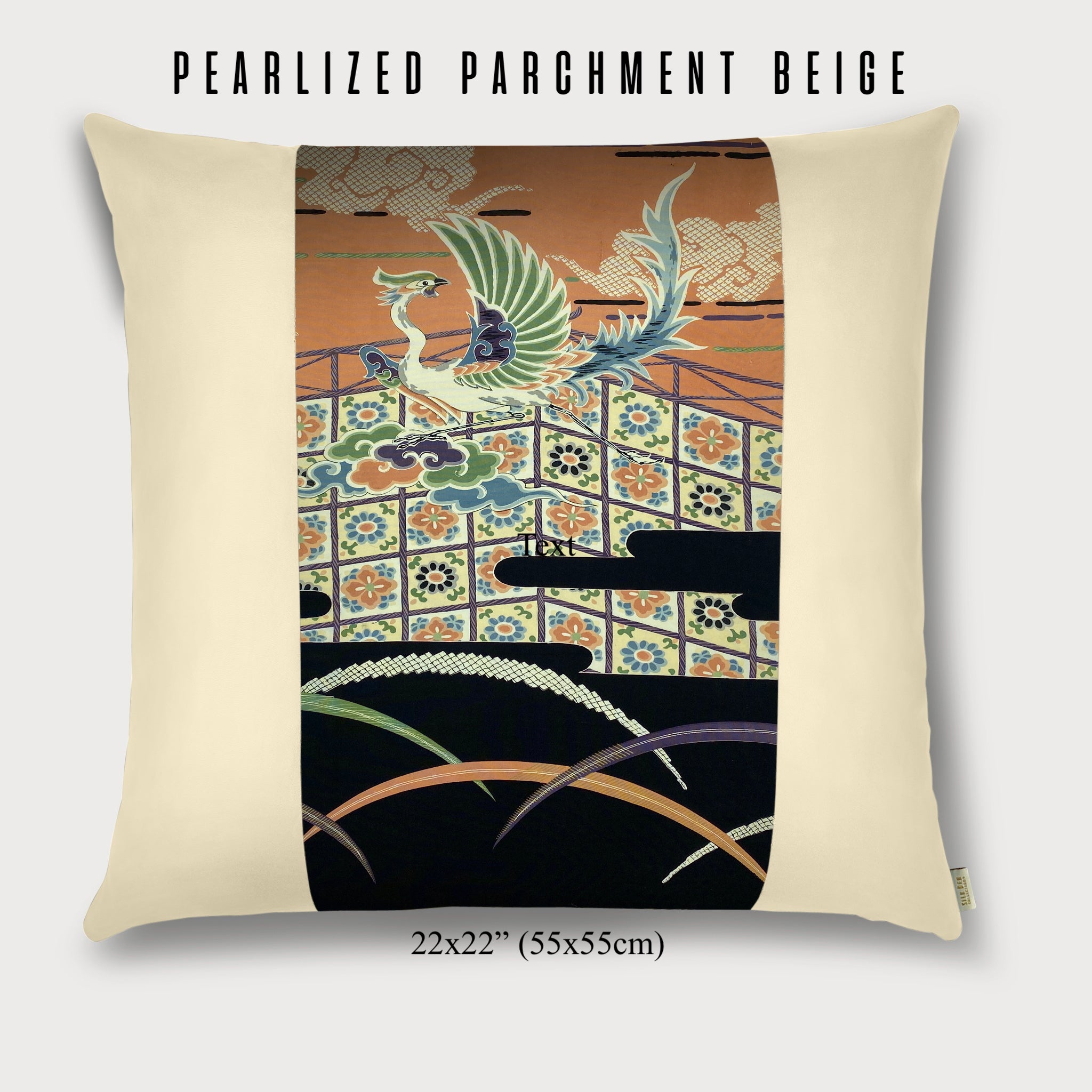 22x22" Pillow with Vintage Japanese Silk and Pearlized Parchment Beige Leather 