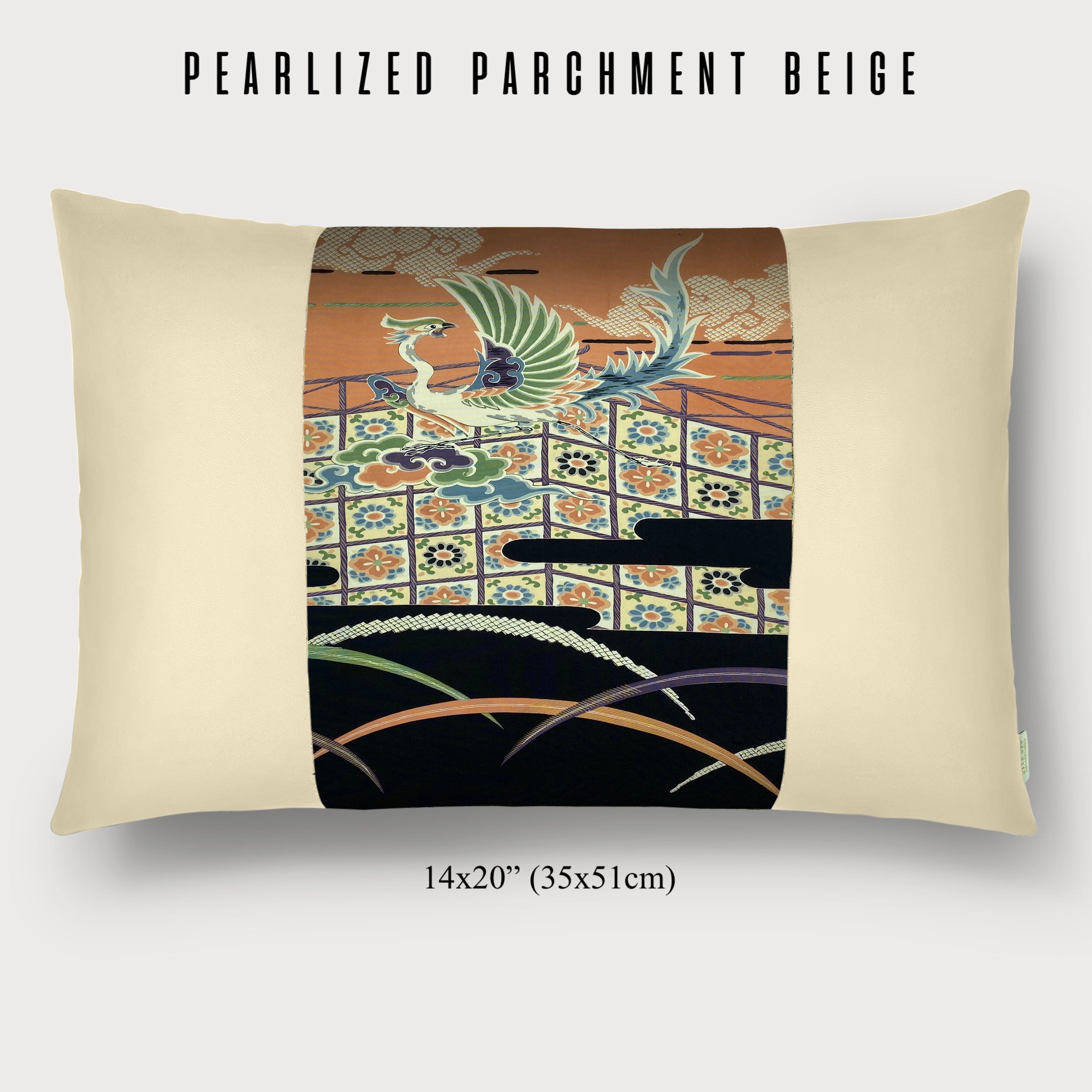 14x20" Pillow with Vintage Japanese Silk and Pearlized Parchment Beige Leather 