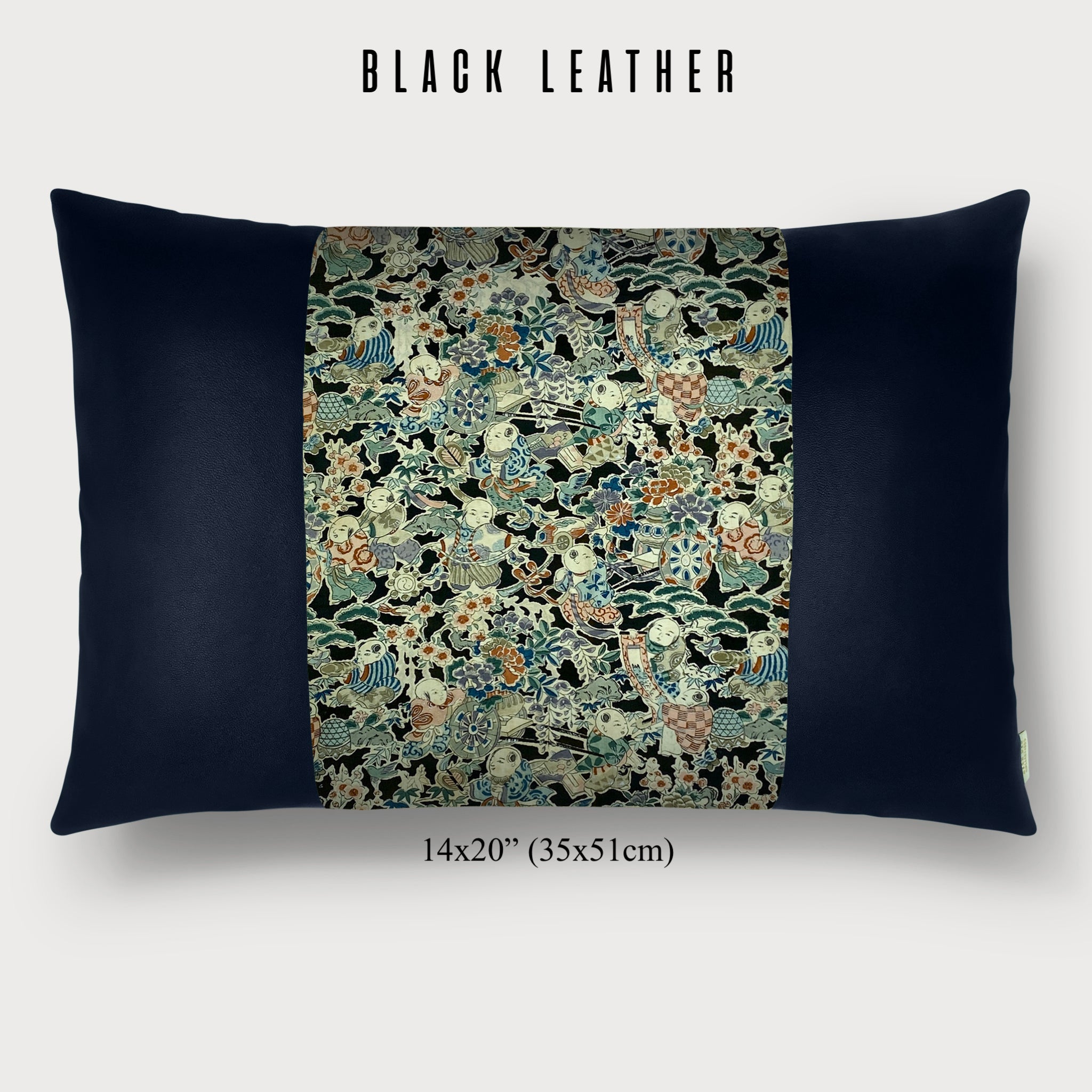 14x20" Pillow with Vintage Japanese Silk and Black Leather 