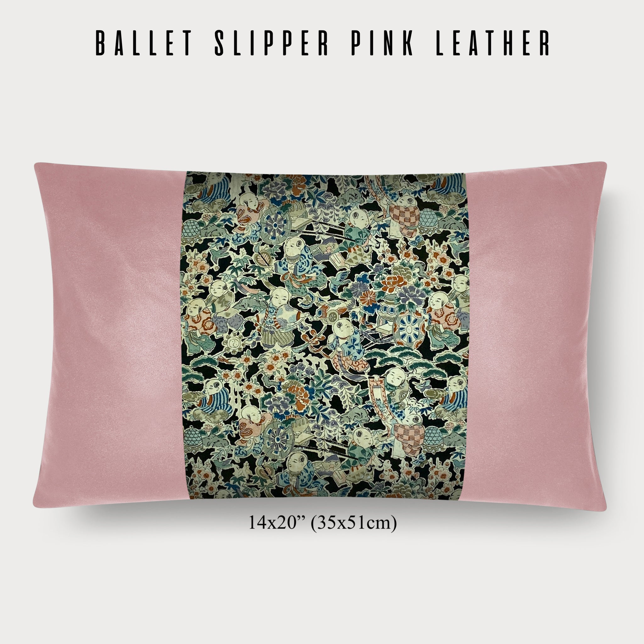 14x20" Pillow with Vintage Japanese Silk and Ballet Slipper Pink Leather 