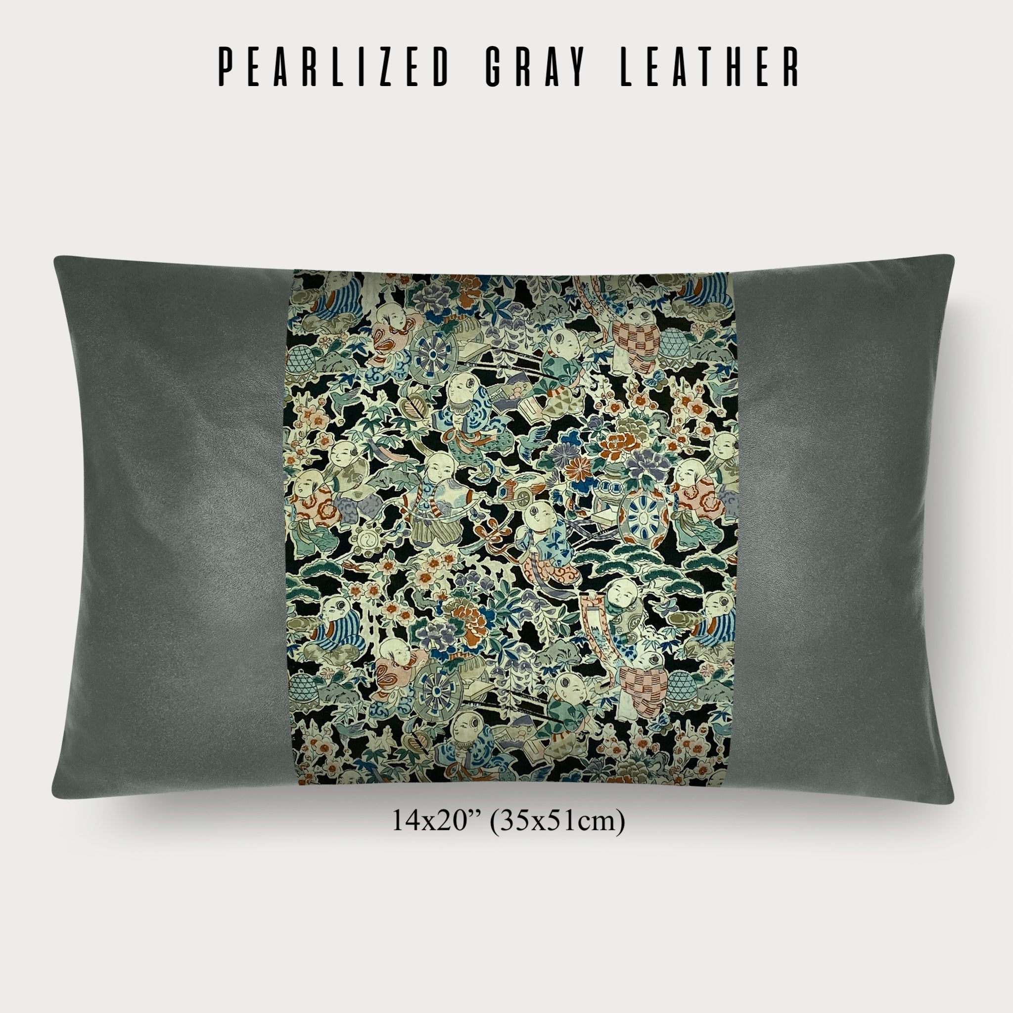 14x20" Pillow with Vintage Japanese Silk and Pearlized Gray Leather 