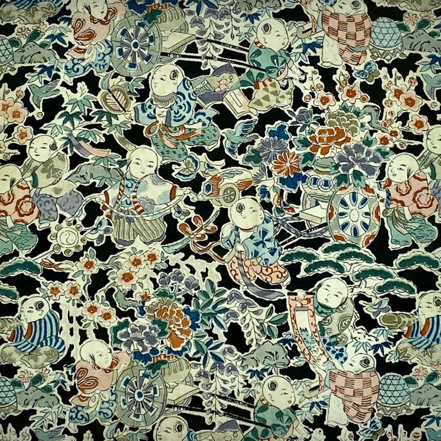 Colorful Japanese silk with karako (Chinese children) with flower cart 