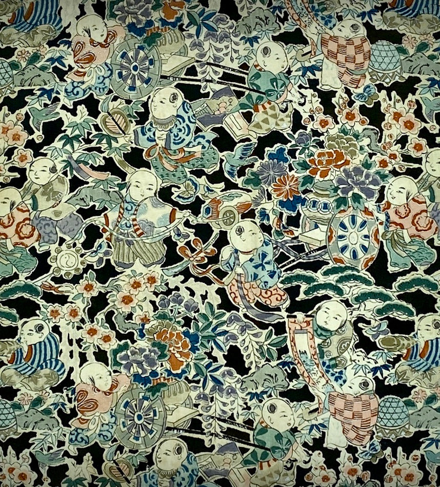 Colorful Japanese silk with karako (Chinese children) with flower cart 