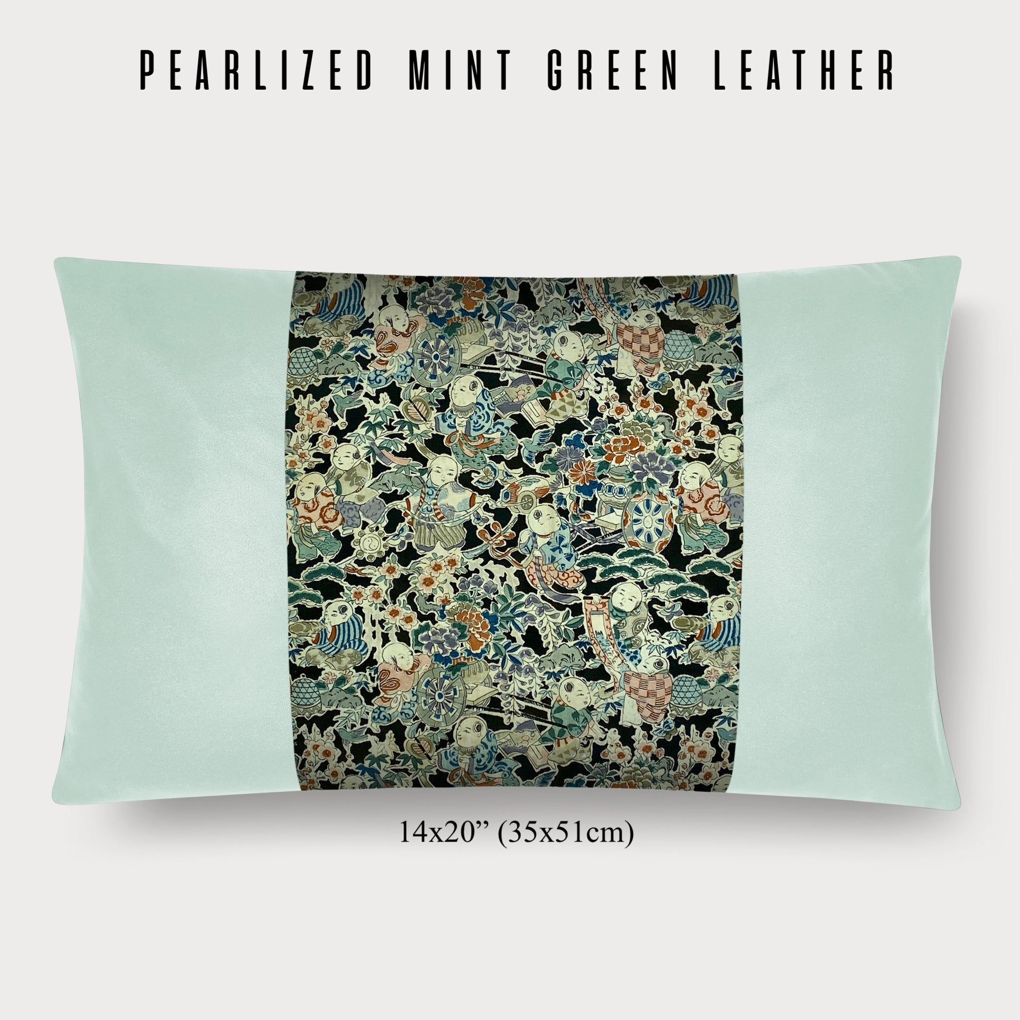 14x20" Pillow with Vintage Japanese Silk and Pearlized Mint Green Leather 