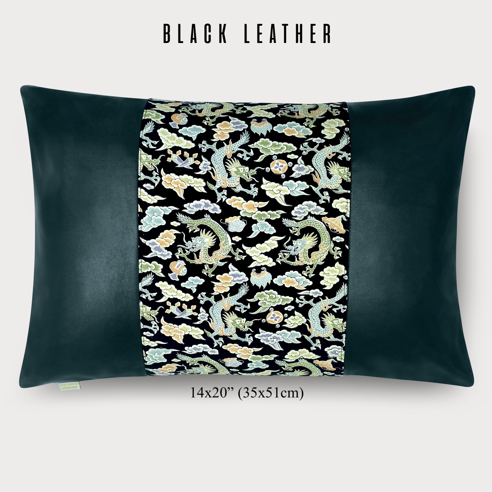 14x20" Pillow with Vintage Japanese Silk and Black Leather