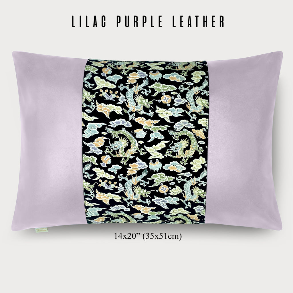 14x20" Pillow with Vintage Japanese Silk and Lilac Purple Leather