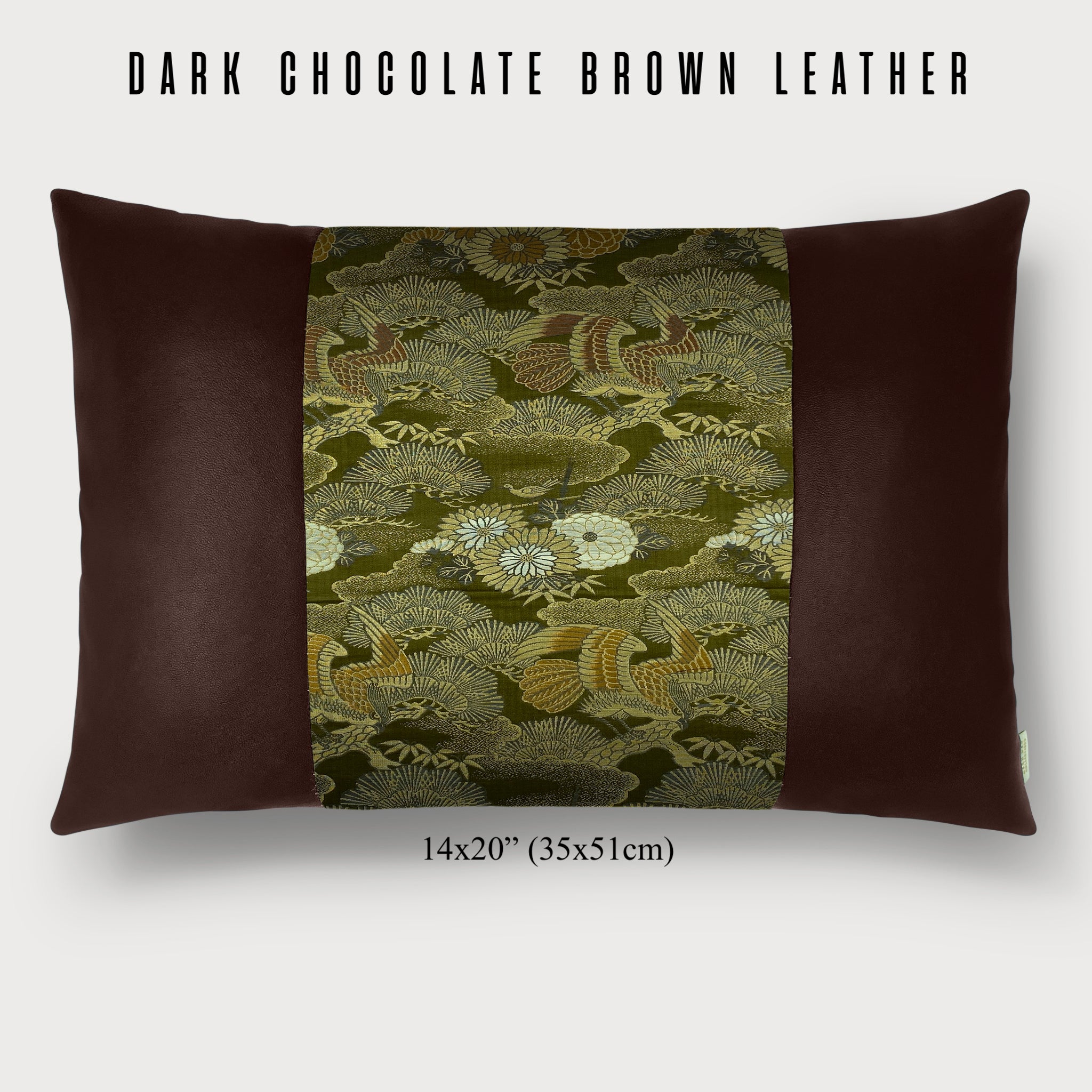 Hawk and “sho-chiku” (松竹) Lumbar Throw Pillow - Choice of Leather Colors