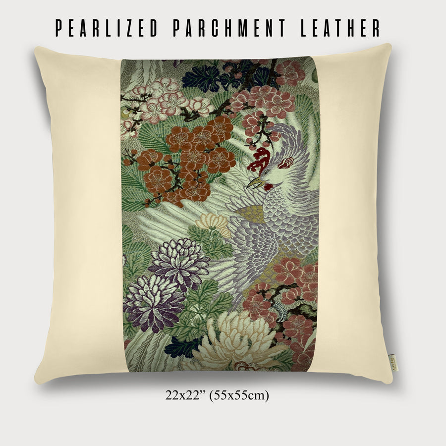 Phoenix, Pine, Ume, Chrysanthemum Japanese Silk (1912-1945) Pillow w/ Cabernet Red Leather: View More Leather Colors!