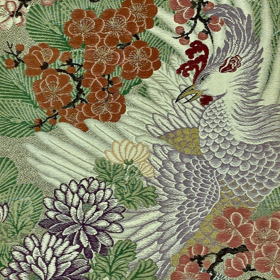 Phoenix, Pine, Ume and Chrysanthemum Japanese Silk (1912-1945) Pillow w/ Pearlized Parchment Beige Leather: View More Leather Colors!