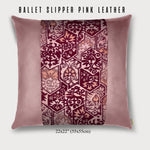 throw pillow with pink leather and burgundy silk, square 24x24"