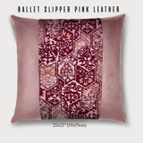 throw pillow with pink leather and burgundy silk, square 24x24"