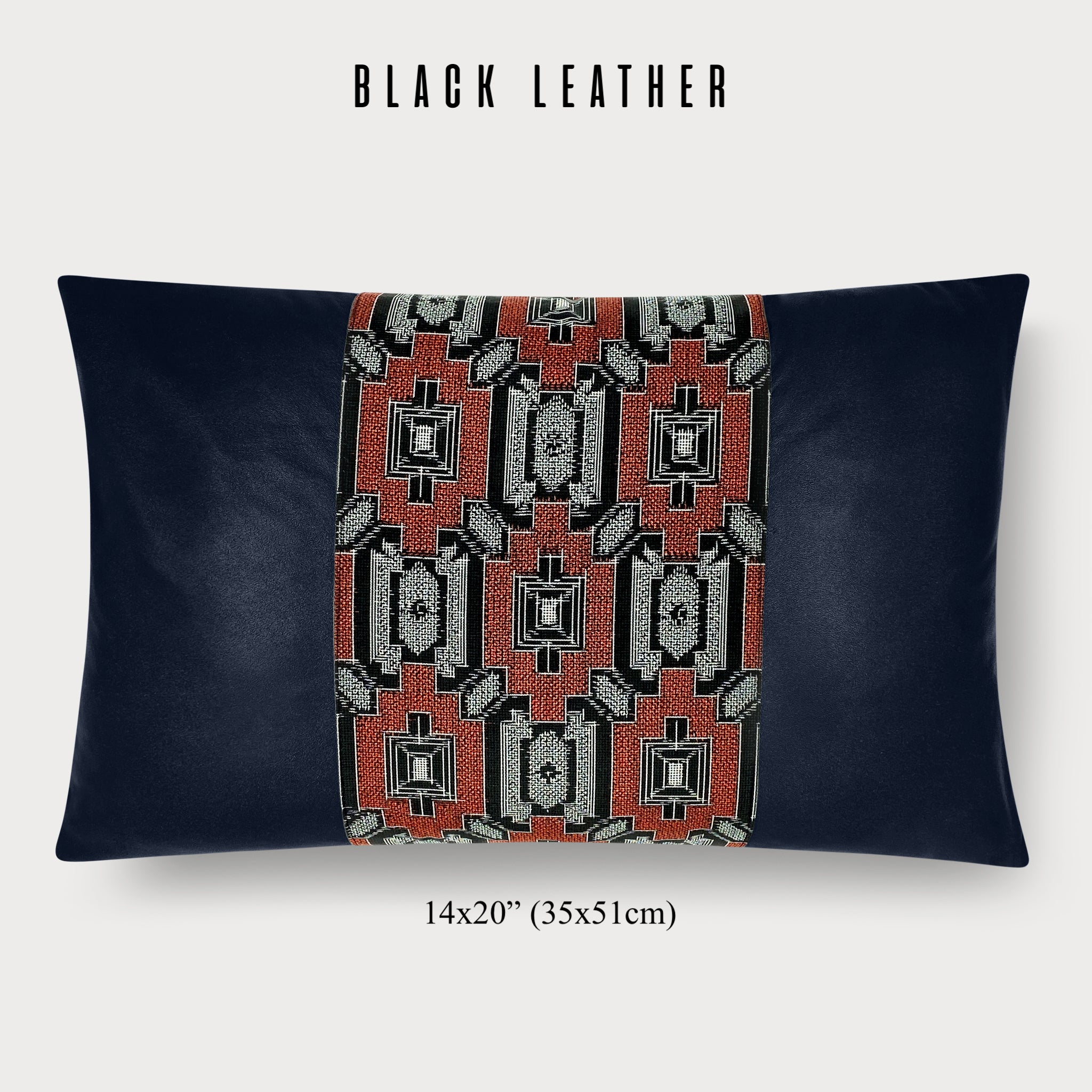Vintage Japanese Tsumugi Silk Geometric Red and Black Lumbar Throw Pillow - Choice of Leather Colors