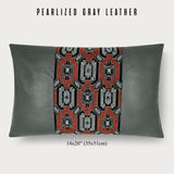 Vintage Japanese Tsumugi Silk Geometric Red and Black Lumbar Throw Pillow - Choice of Leather Colors