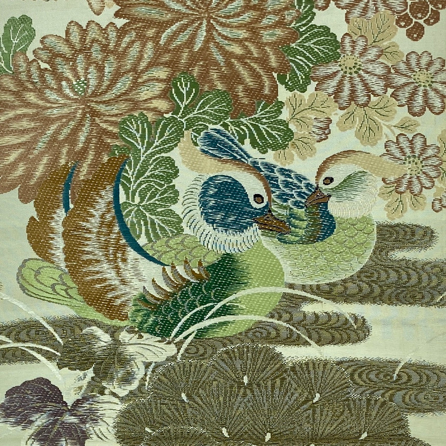 鴛鴦　ビンテージ和絹（1912-1949）とアボカドグリーンレザー：レザーの色と枕のサイズをもっと見る！