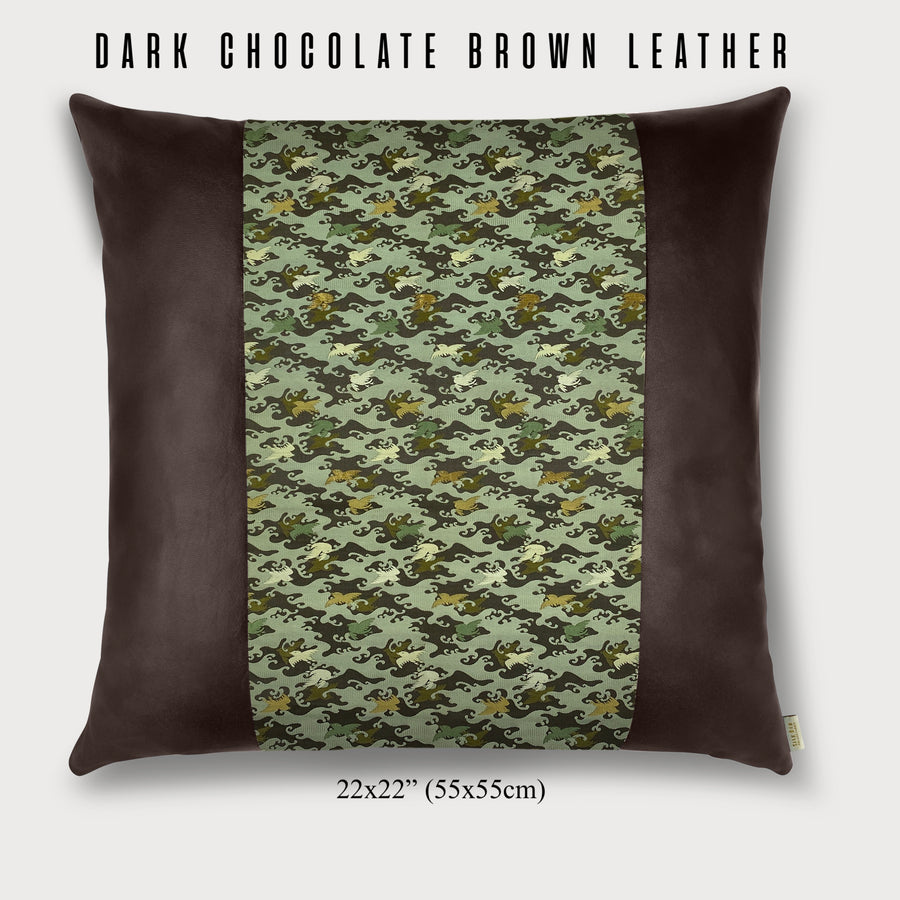 Antique Japanese Silk Meiji Era (1868-1912) with Sparrows, Clouds and Cool Dark Taupe Leather: View More Leather Colors & Pillow Sizes!