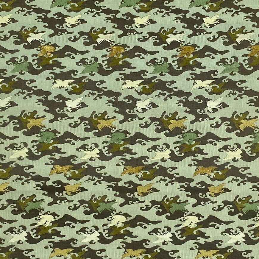  雀と雲　明治時代（1868−1912）のアンティーク和絹とダークチョコレートブラウンレザー：レザーの色と枕のサイズをもっと見る！