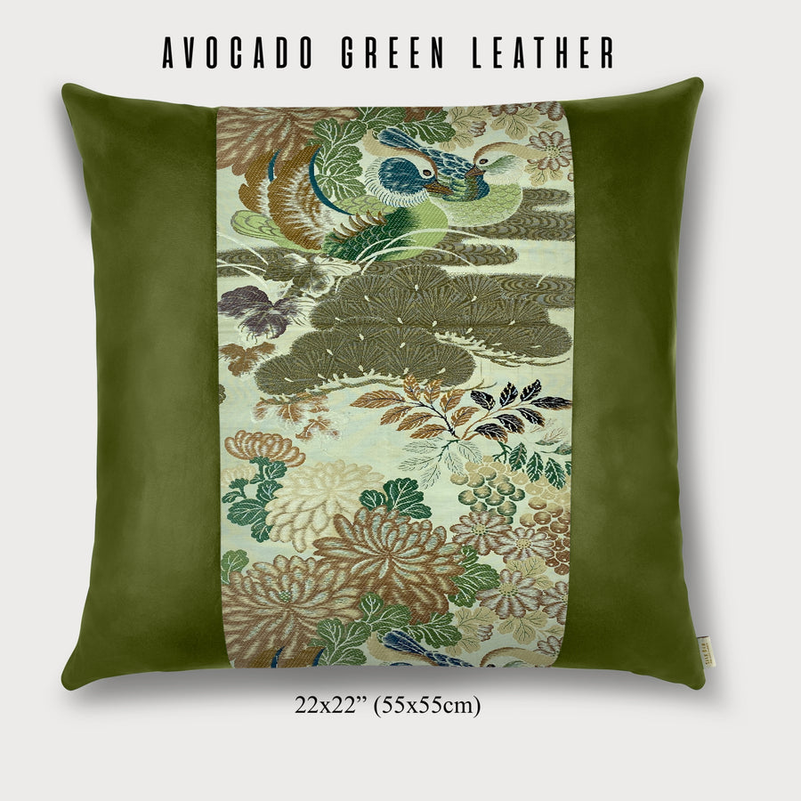 Mandarin Ducks Vintage Japanese Silk (1912-1949) with Cool Dark Taupe Leather: View More Leather Colors & Pillow Sizes!