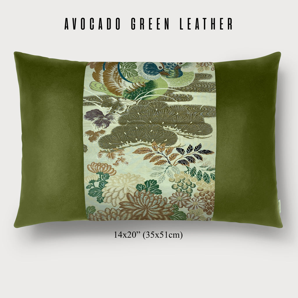鴛鴦　ビンテージ和絹（1912-1949）とアボカドグリーンレザー：レザーの色と枕のサイズをもっと見る！