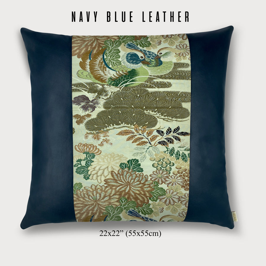 鸳鸯复古日本丝绸(1912-1949)配鳄梨绿皮革：查看更多皮革颜色和枕头尺寸!