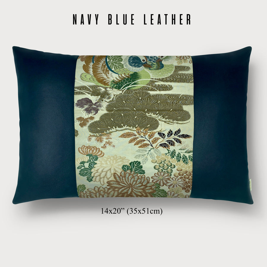 鸳鸯复古日本丝绸（1912-1949）配酷酷的的深褐色皮革：查看更多皮革颜色和枕头尺寸！