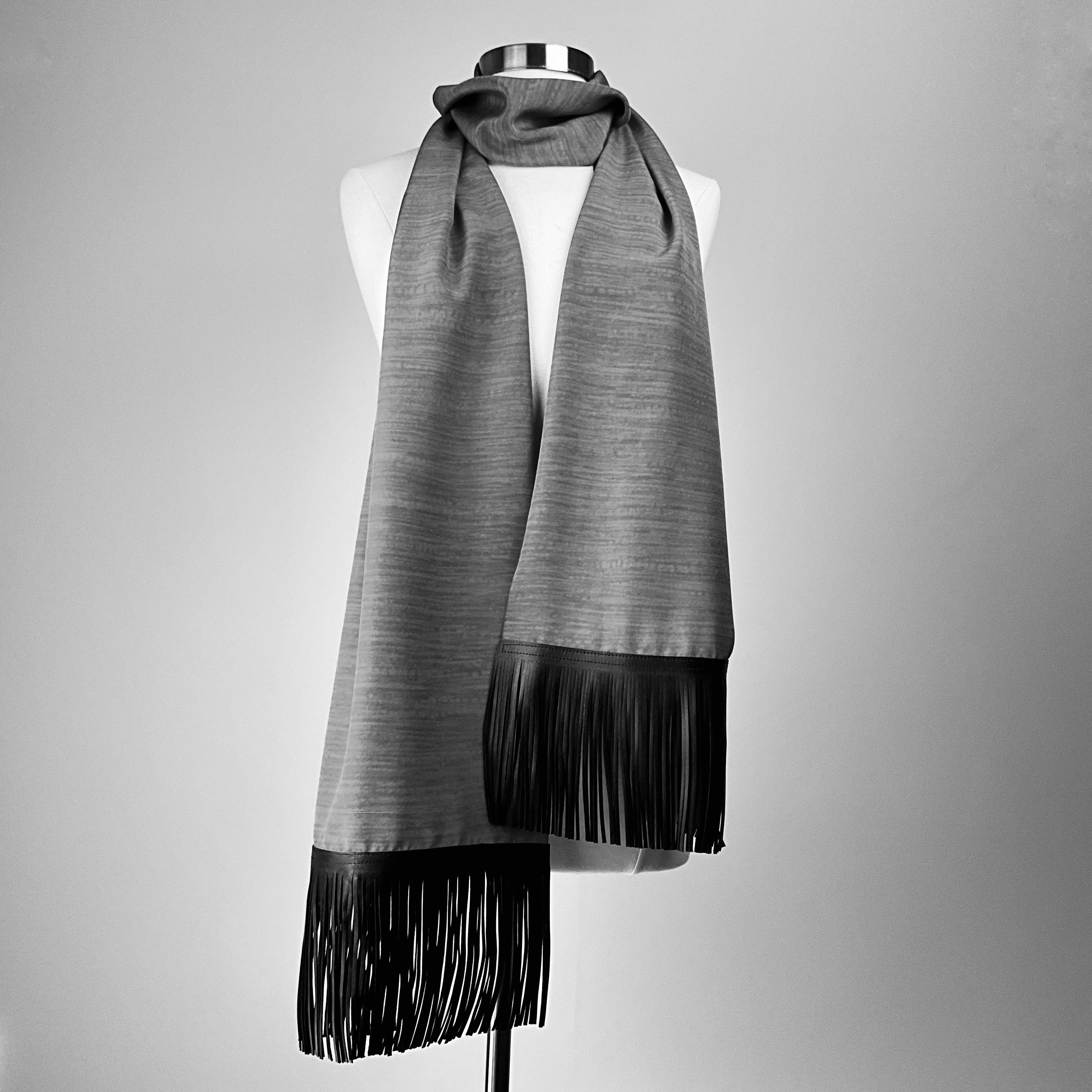 Custom Cream Silk Scarf with Noble People Scenery - Choice of Length and Leather Fringe
