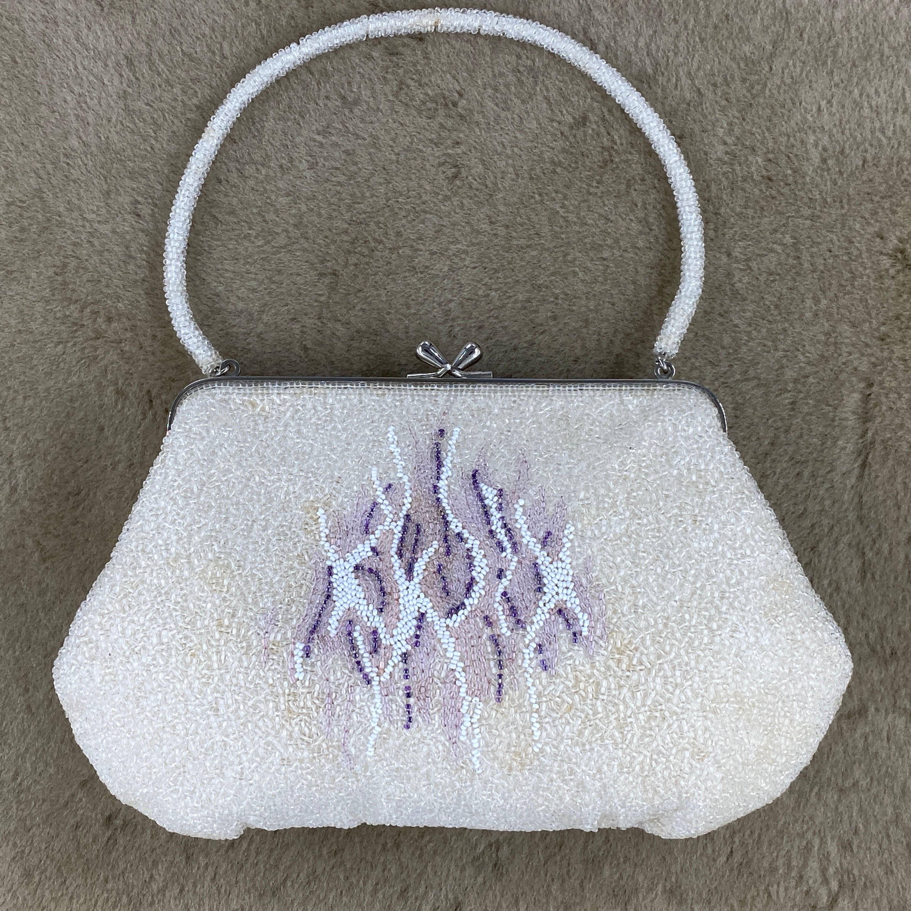 Beaded Purse From Japan With White & Purple Abstract Motif (Vintage  1950's-1960's) Fits Most Cell Phones