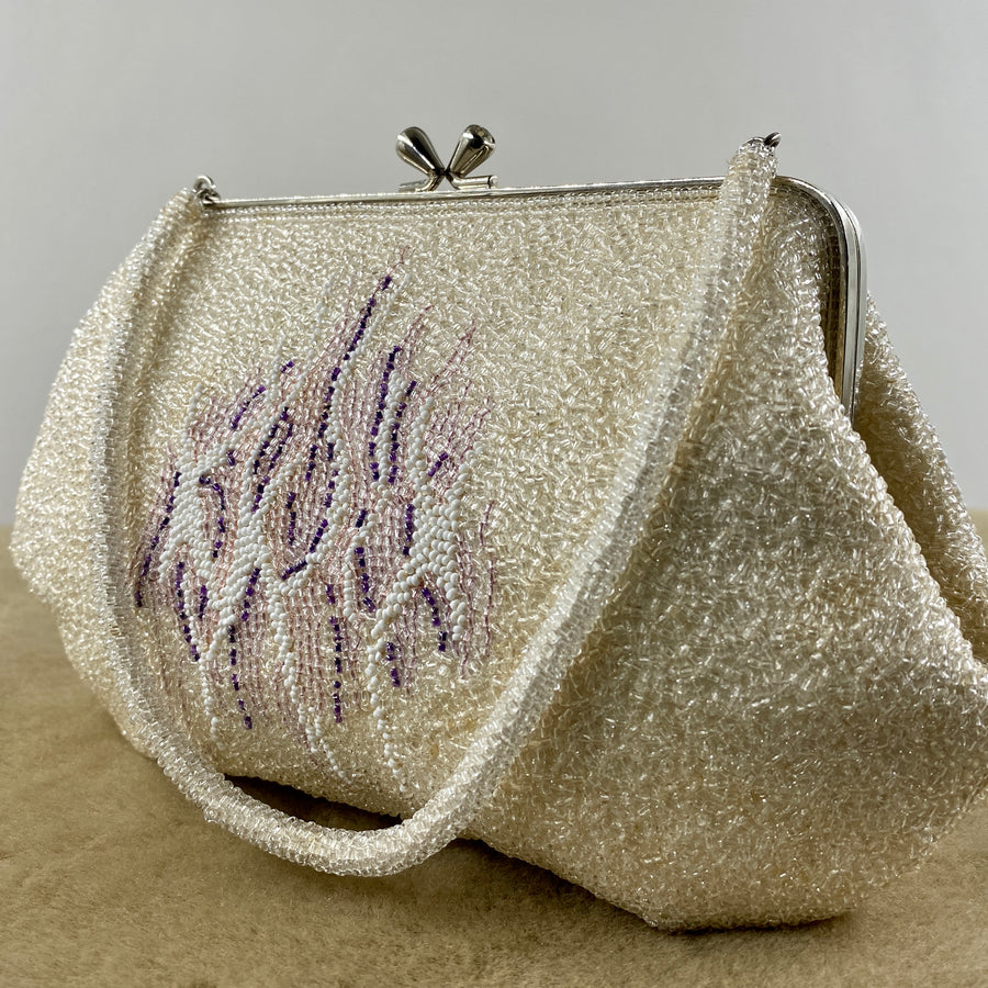 Beaded Purse From Japan With White & Purple Abstract Motif (Vintage 1950's-1960's) Fits Most Cell Phones