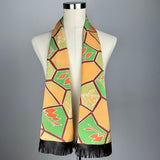 Mod Abstract Floral Silk Scarf with  Brown Leather Fringe