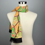 Mod Abstract Floral Silk Scarf with  Brown Leather Fringe
