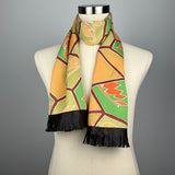 Mod Abstract Floral Silk Scarf with  Brown Leather Fringe
