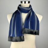 Blue and White Stripe Silk Scarf - Choice of Leather Fringe Colors