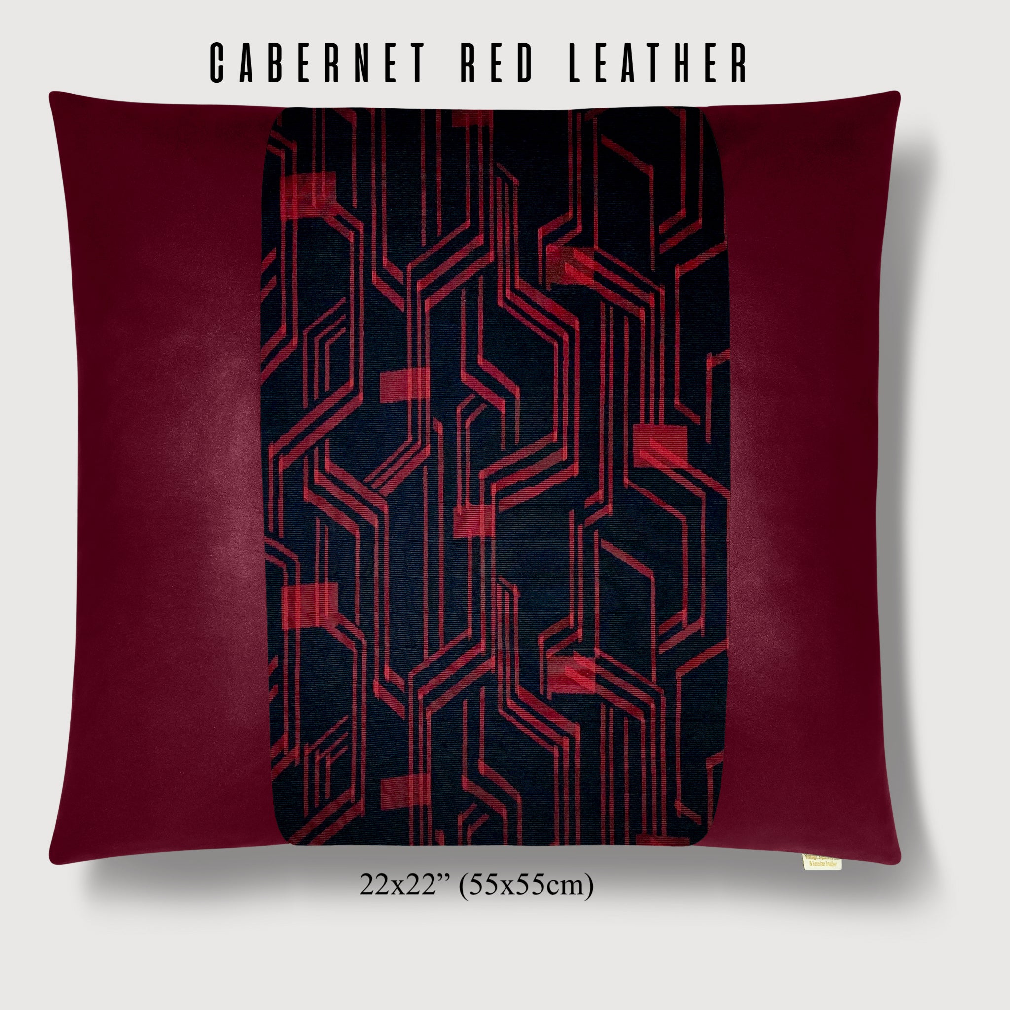 22x22" Pillow with Vintage Japanese Silk and Cabernet Red Leather