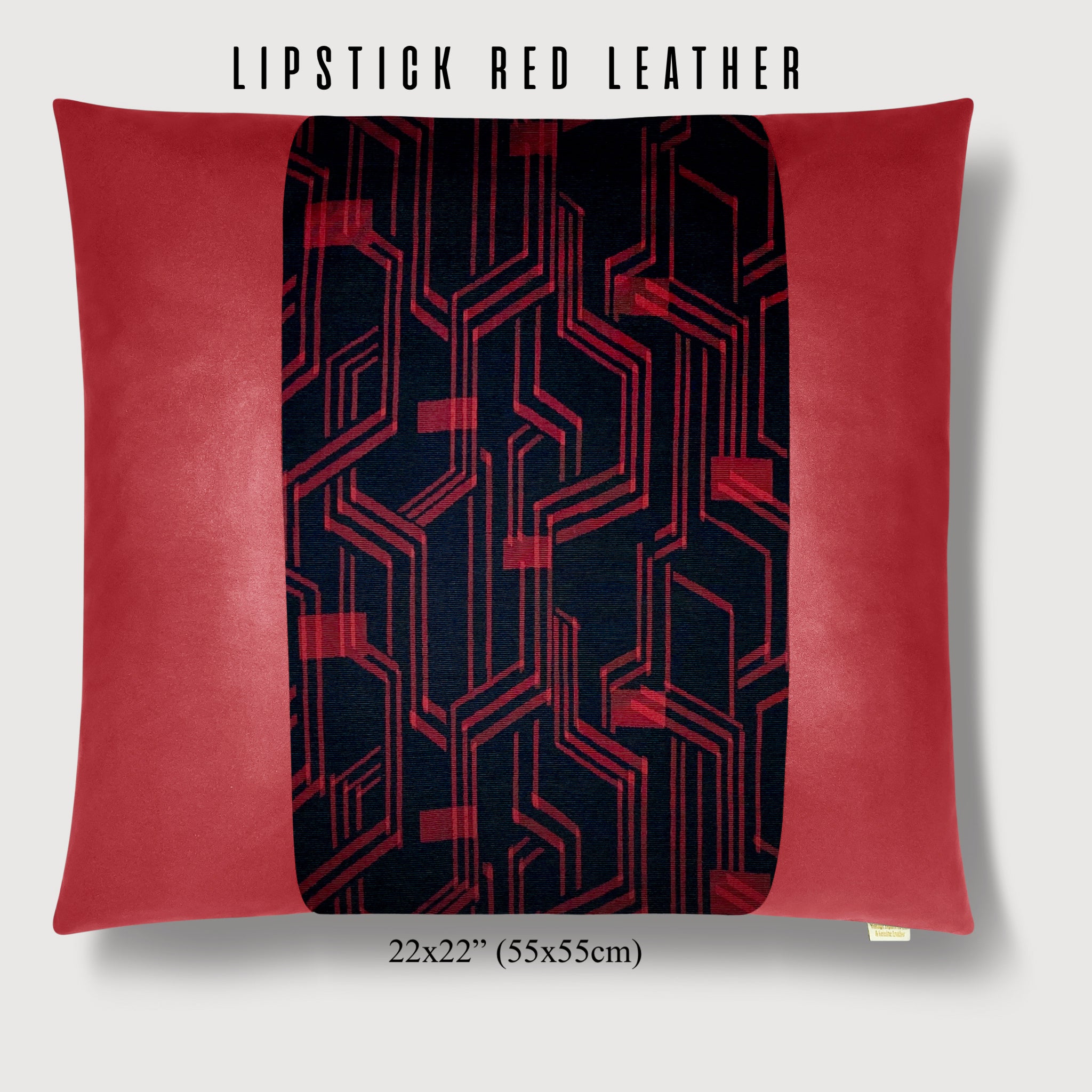 22x22" Pillow with Vintage Japanese Silk and Lipstick Red Leather